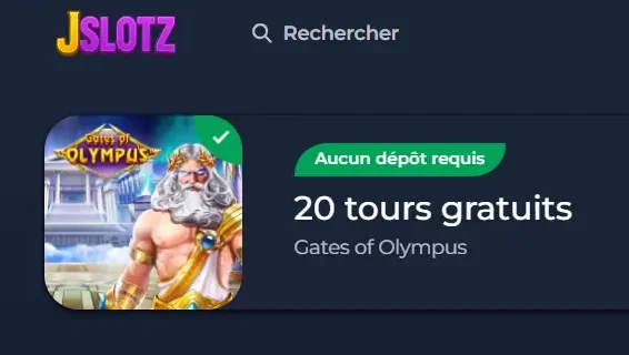 Offre sans dépôt de Jslotz Casino avec 20 tours gratuits sur Gates of Olympus