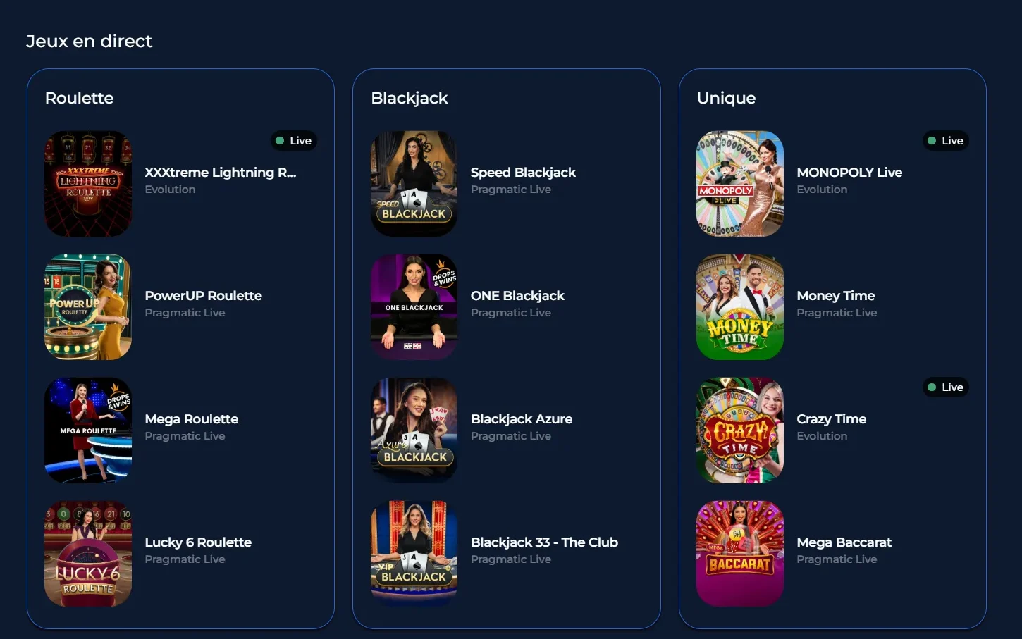 Jeux de casino en direct avec roulette, blackjack et jeux télévisés sur Jslotz Casino
