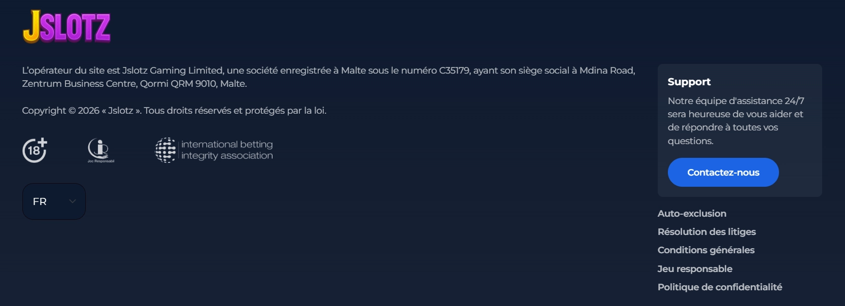 Section Support et assistance du Jslotz Casino avec les options de contact et de jeu responsable